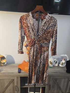 New York & Company Brown and Tan Printed Wrap-Style Midi Dress